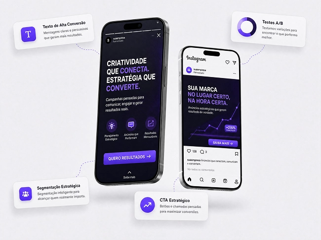 Mockups de anúncios em stories, feed, vídeo e banner